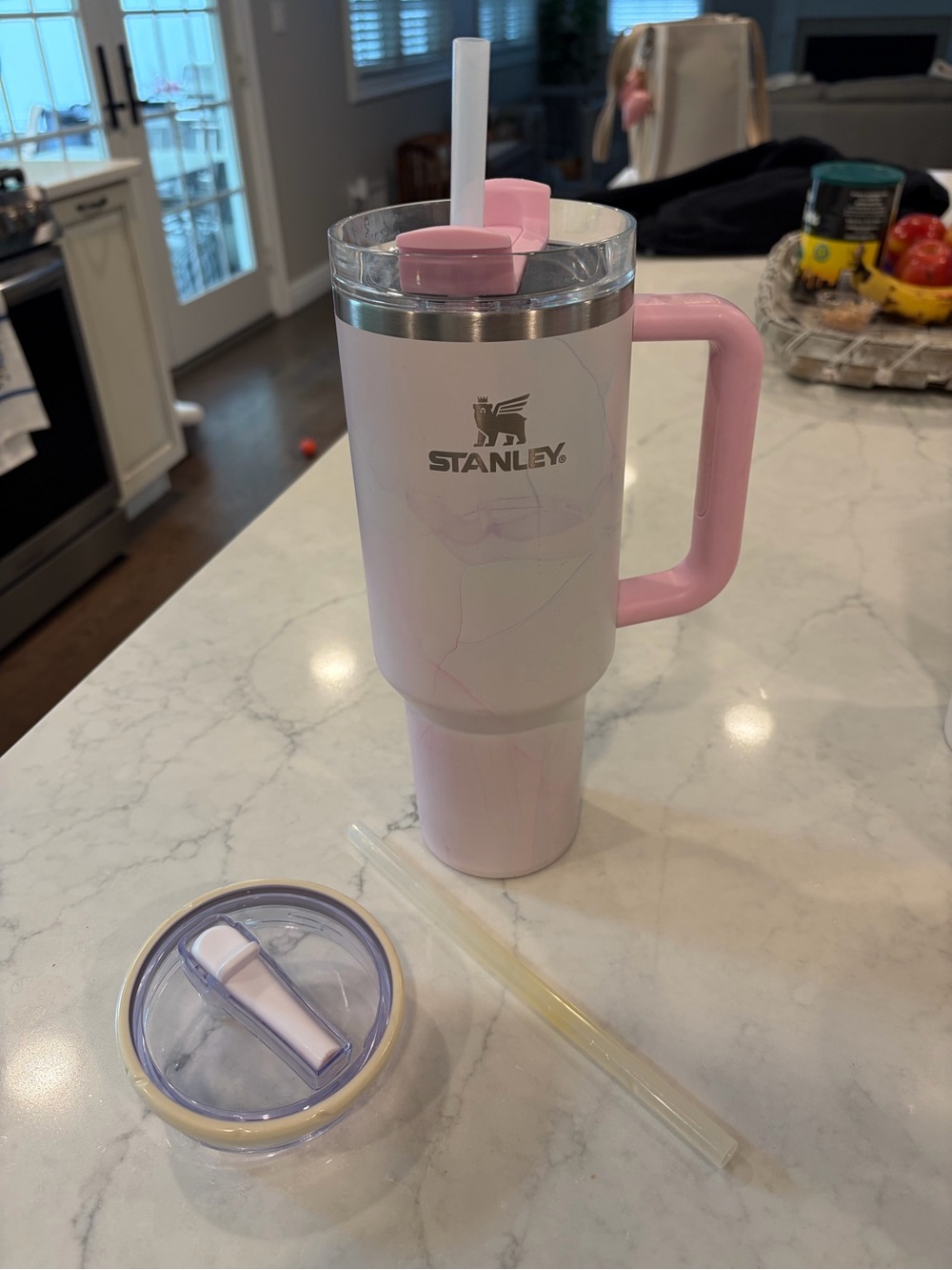 Stanley White and Pink Insulated Travel Tumbler with Handle
